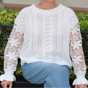 NWOT | Elegant White Floral Crochet Top “Emily in Paris vibes” Size L | PTP 25”